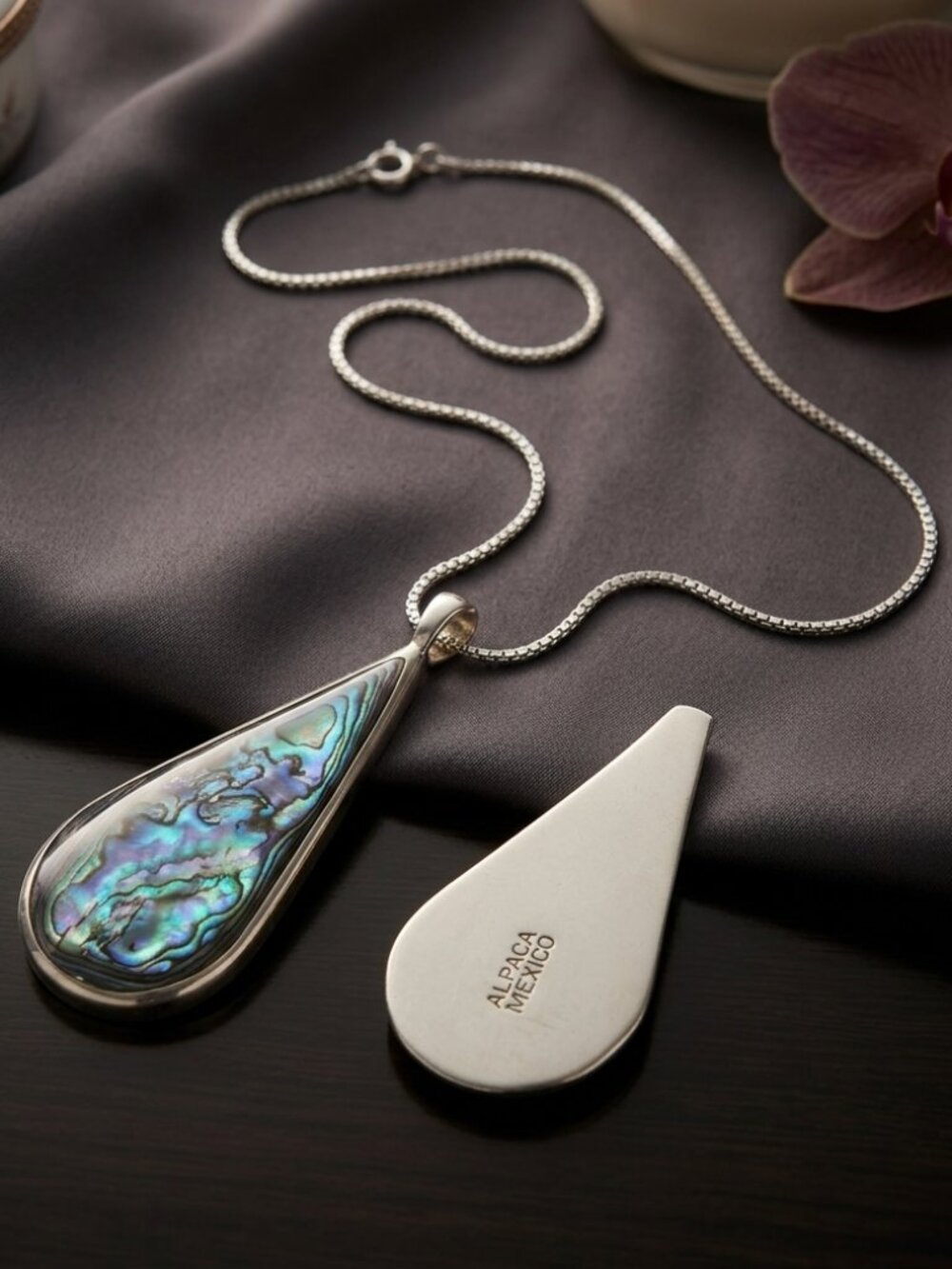 Vintage Alpaca Mexico Abalone Teardrop Necklace